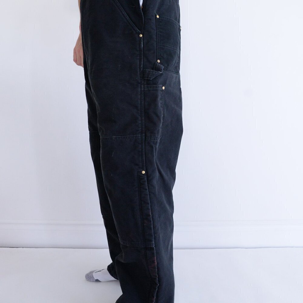 Vintage 80s Carhartt Black Distressed Red Quilt Lined Double Knee Overalls 44x30 - Picture 3 of 16